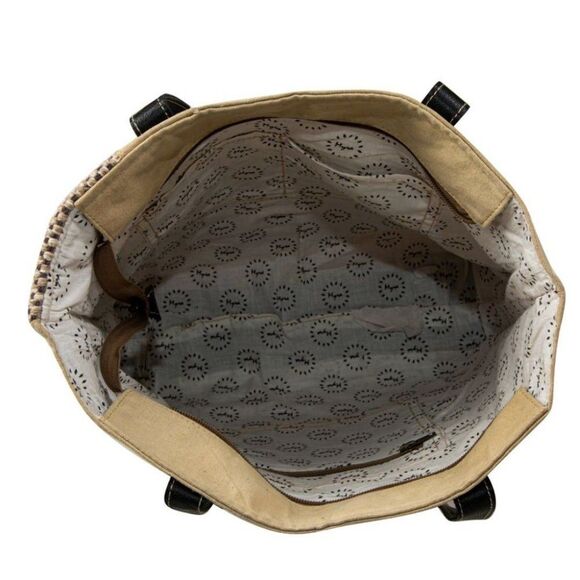 Myra Bag Handmade Sundown Tote Bag Upcycled Canvas & Cowhide Leather - Picture 8 of 9